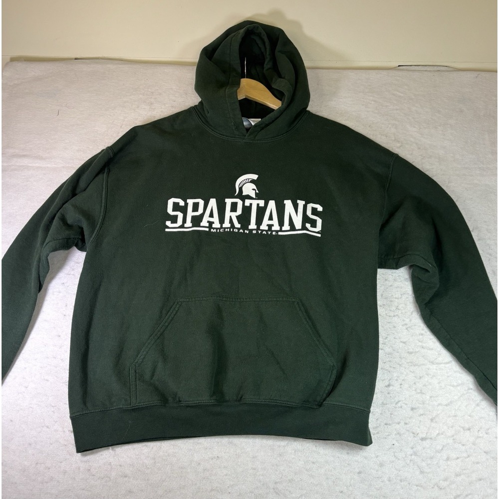 Gildan Michigan State Spartan Hoodie Sweatshirt Mens L Green Spell Out MSU